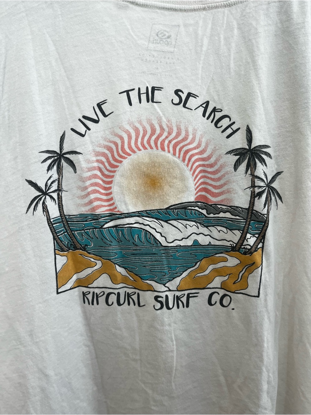 Rip Curl White Surf Graphic Tee with Teal & Mustard Artwork